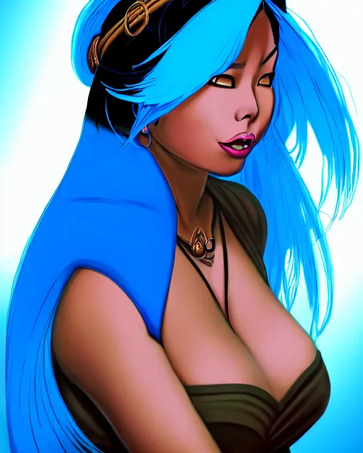 Prompt: welcoming heavy filipina woman character portrait, by don bluth, electric blue hair, wearing dark - blue, sci - fi environment, highly detailed, dynamic shadows, 4 k, wallpaper - 1 0 2 4