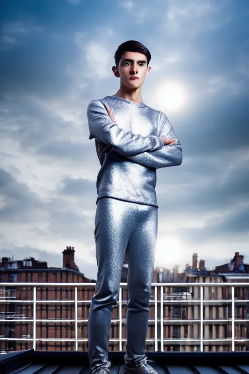 Image similar to un ultra high definition studio quality photographic art portrait of a young man standing on the rooftop of a british apartment building wearing soft padded silver pearlescent clothing. three point light. extremely detailed. golden ratio, ray tracing, volumetric light, shallow depth of field. set dressed.