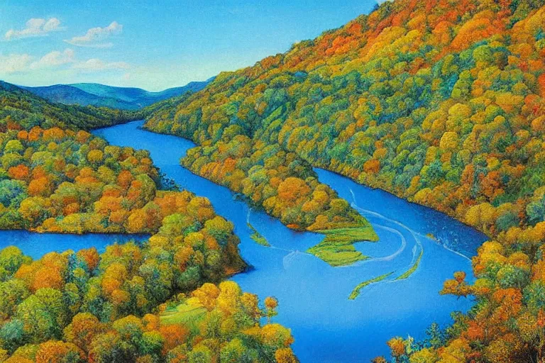 Prompt: two rivers converge to form one larger river, appalachian mixed mesophytic forest, vibrant blue sky background, by Cortes Thurman the greatest Barbizon artist ever known and by Joe Jusko, rendered in hyperdetailed Ultra HD