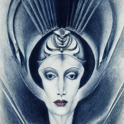 Image similar to Norma Desmond, pencil drawing. El Greco, Remedios Varo, Salvador Dali, Carl Gustav Carus, John Atkinson Grimshaw. Blue tint. Symetrical, logo, geometric shapes.