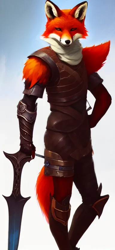 Image similar to a league of legends concept art of an anthropomorphic red fox in a body armor holding a sword, front view, artstation, digital art, oc commission, style by jordan grimmer and greg rutkowski, 4 k resolution
