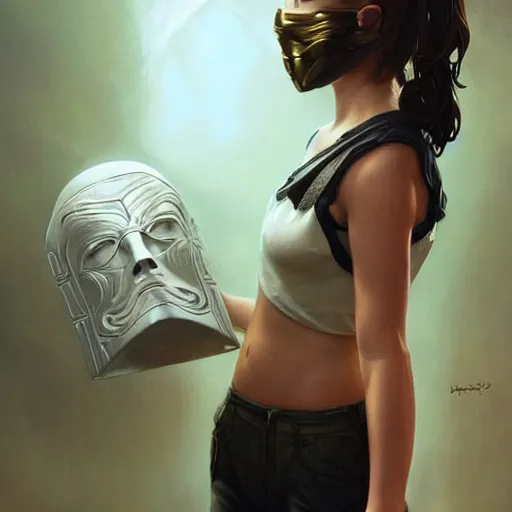 Image similar to 1 5 year old white girl with a white shirt that has one shoulder visible, wears black sports shorts and a golden mask on her face, intricate, highly detailed, digital painting, artstation, concept art, smooth, sharp focus, illustration, unreal engine 5, 8 k, art by artgerm and greg rutkowski and alphonse mucha