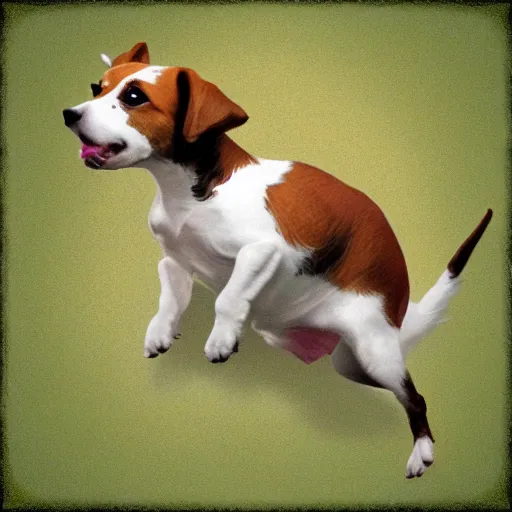 Image similar to flying jack russell terrier with propeller on it's back flying, digital art