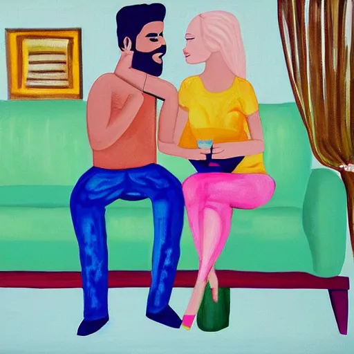 Image similar to painting of indian guy and blonde swedish girl drinking gin and tonics on the couch