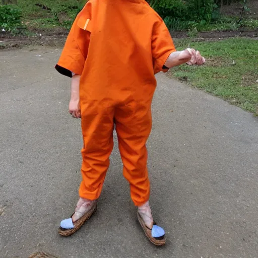 Prompt: bee wearing orange inmate clothes