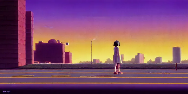 Image similar to an immaculate isometric cinematic keyframe matte painting of the silhouette of a young japanese girl standing in a wide sleek empty street 1 9 7 0 s vaporwave rust belt city at dusk with an oversized moon, just after the rain has cleared. by eric lafforgue, glennray tutor and edward hopper, greg rutkowski. trending on artstation.