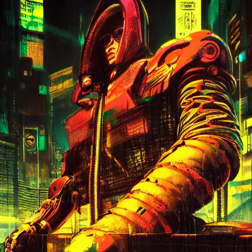 Image similar to cyberpunk robot tiger, big jaws and neon lights, metal exposed and wires, highly detailed cyberpunk 2 0 7 7 and beksinski style painting