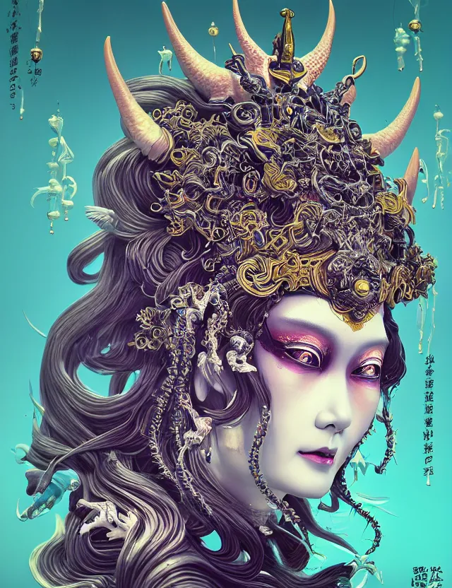 Image similar to 3 d goddess close - up profile satan biohazard portrait with crown, ram skull. beautiful intricately detailed japanese crow kitsune mask and clasical japanese kimono. betta fish, jellyfish phoenix, bio luminescent, plasma, ice, water, wind, creature, artwork by tooth wu and wlop and beeple and greg rutkowski