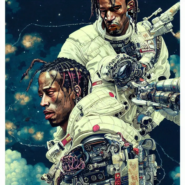 Image similar to a beautiful ukiyo painting of travis scott as a timepunk battle space pilot, wearing space techwear, detailed close up portrait, intricate complexity, concept art, by takato yamamoto, wlop, krenz cushart. cinematic dramatic atmosphere, sharp focus, digital full likeness art. center frame