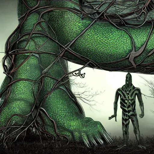 Image similar to A beautiful art installation of a large, looming creature with a long, snake-like body. The creature has many large, sharp teeth, and its eyes glow a eerie green. It is wrapped around a large tree, which is bent and broken under the creature's weight. There is a small figure in the foreground, clutching a sword, which is dwarfed by the size of the creature. Mediterranean, in Japan by James Thomas Watts, by Gerhard Richter somber, sad