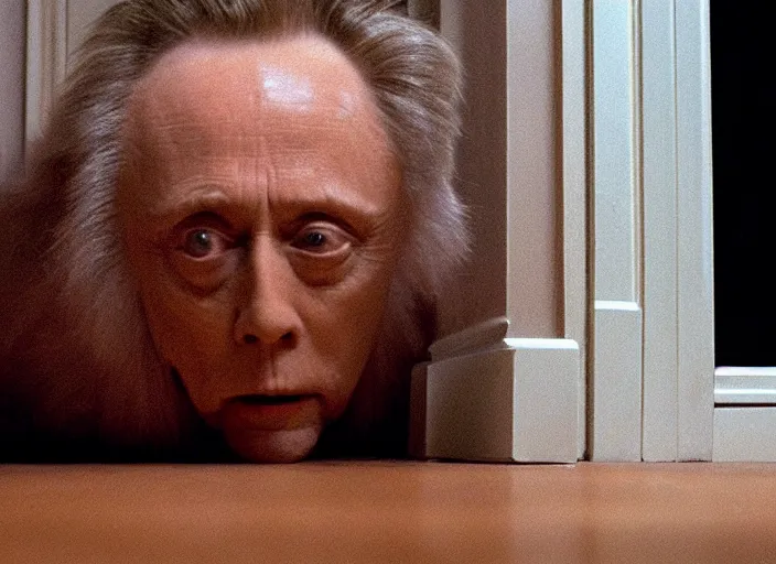 Image similar to film still of Christopher Walken hiding under a bed at night in the new Shining movie, 4k