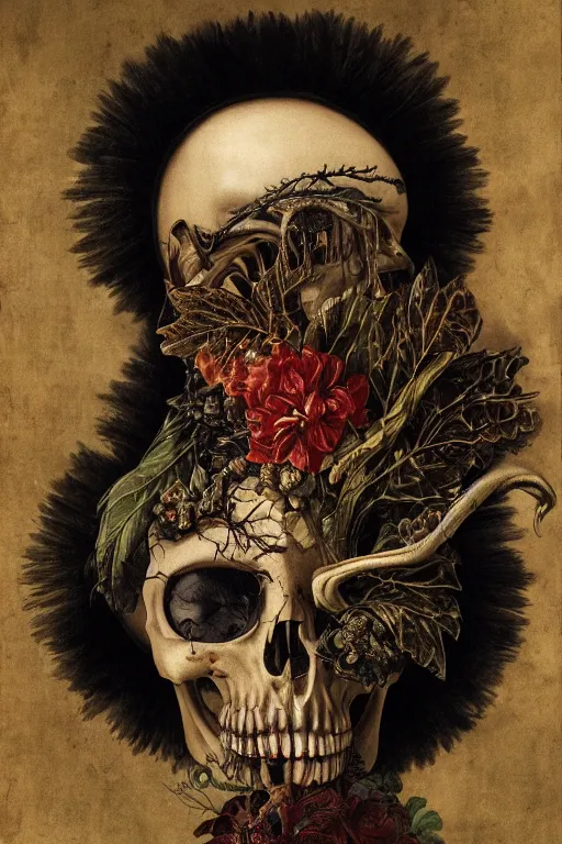 Prompt: Detailed maximalist portrait with large lips and large eyes, angry, exasperated expression, botanical skeleton, extra flesh, HD mixed media, 3D collage, highly detailed and intricate, surreal illustration in the style of Caravaggio, dark art, baroque