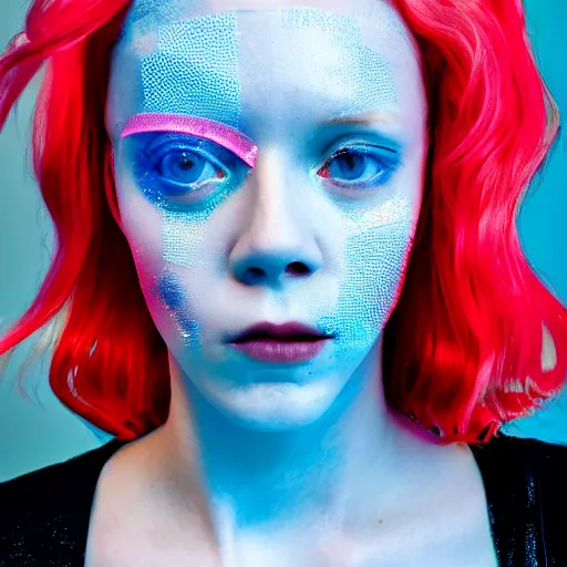 Prompt: a close - up risograph of cyberpunk albinism model girl wearing lots of transparent and cellophane accessories, light blue colors, huge earrings and queer make up, blue hour, oversaturated, hue - shifted, twilight, cool, portrait, crispy, full - shot, blue sky, kodachrome, photo by mayumi hosokura