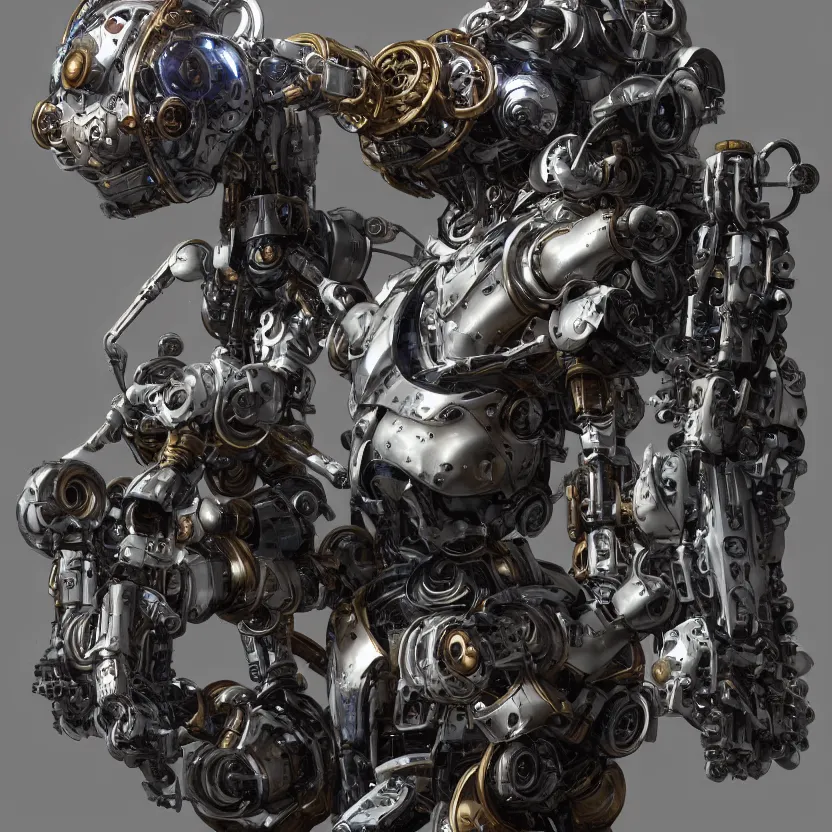 Image similar to hyper realistic mixed midea portrait of a beautiful mechanical steampunk mecha robot, stunning 3d render inspired art by kazuhiko nakamura and hajime sorayama, 8k octane beautifully detailed render, post-processing, extremely hyperdetailed, intricate futuristic mechanic parts, epic composition, maya, blender, grim yet sparkling atmosphere, cinematic lighting + masterpiece, trending on artstation,