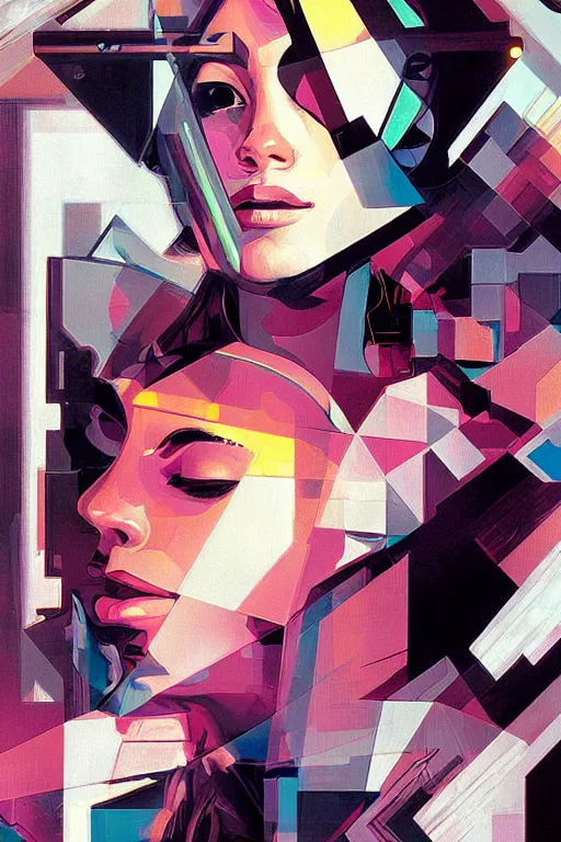 Image similar to wideangle portrait, digital painting, an beautiful, sleeping hacker girl, connected, madness, decoherence, synthwave, glitch!!, fractured reality, refraction, realistic, hyperdetailed, concept art, art by syd mead, cubism