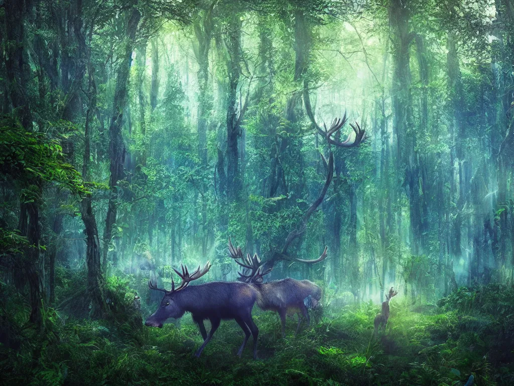 Prompt: a fantasy beautiful dense biorelevant rainforest setting, ultrawide angle, a large blue glowing elk herd, surround it with pixie dust ether floating in the air, hdr, epic scale, cmyk, deep spectrum color