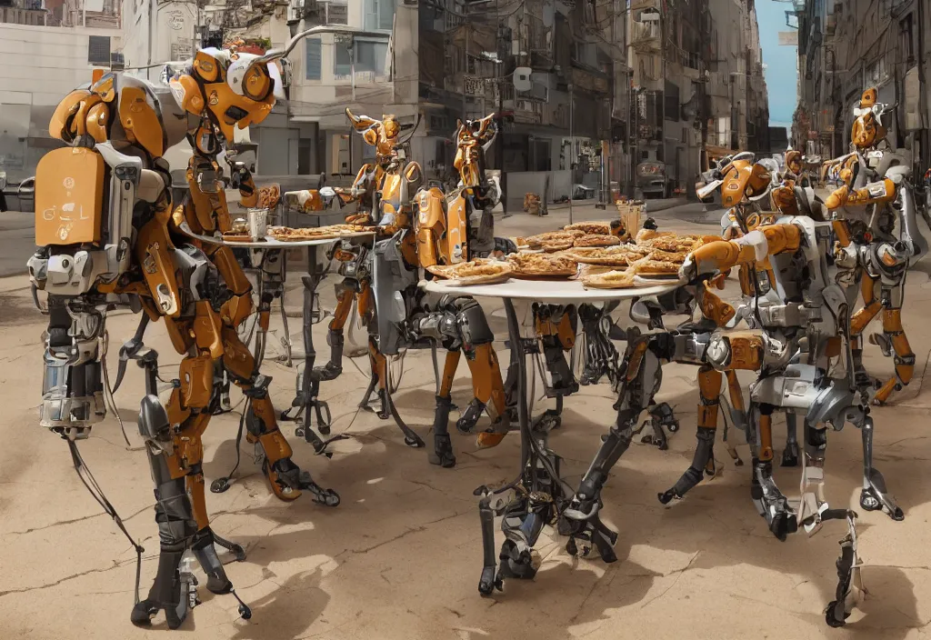 Prompt: accidentally wes anderson award - winning photograph of boston dynamics robots on a lunch break eating pizza and drinking coffee, epic calmness scene, 4 k, detailed, art by greg rutkowsky, trending on artstation, cinematic lighting, filmic grain, golden hour, detailed, 4 k