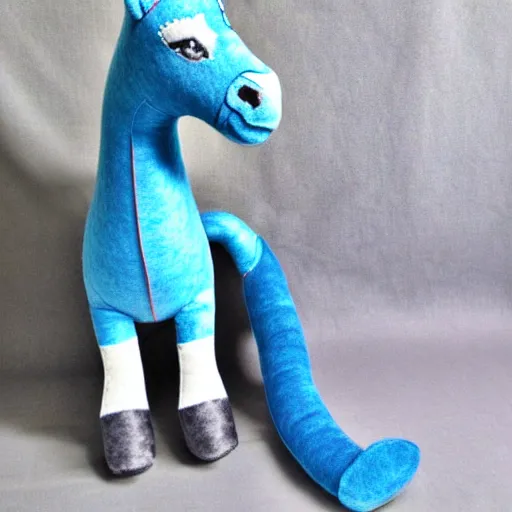 Prompt: a beautiful realistic felt plush horse in dusty blue with ornate detailed embroidery decoration