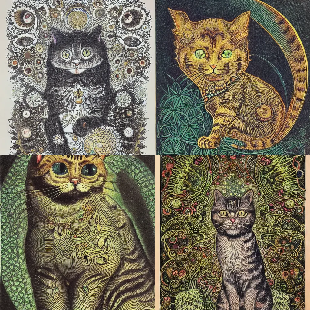 Prompt: cat by louis wain and ernst haeckel
