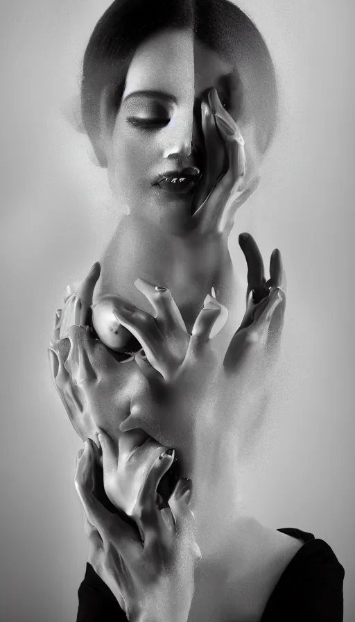 Image similar to FujiFilm X-T3 + XF50-140mm f/1.4 photograph of Arca (Alejandra Ghersi) emerging from fog, Arca mechanical limbs, Arca opal flesh, Arca face portrait, translucent skin, mechanical dilation