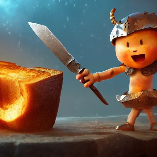 Image similar to viking battle toast, a slice of toasted bread with a face, arms and legs, holding a sword, cute, pixar, pokemon, volumetric lighting, dynamic composition, fantasy, hyper detailed, ultra realistic, sharp focus, octane render, concept art by ruan jia and heng z and artem