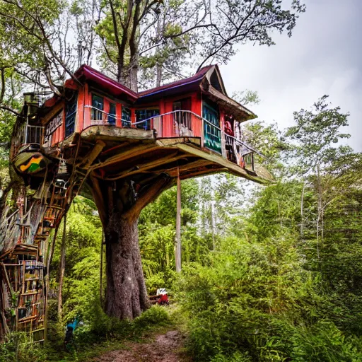 Prompt: A bright treehouse with bookshelves, paintings, coffee, kittens and windows overlooking the apocalypse, Nikon D810 ISO 64 focal length 20 mm