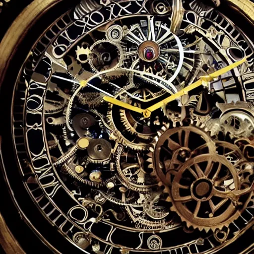 Image similar to a close up of a clock with many gears, a flemish baroque by takashi murakami, behance, kinetic art, steampunk, skeuomorphic, made of liquid metal