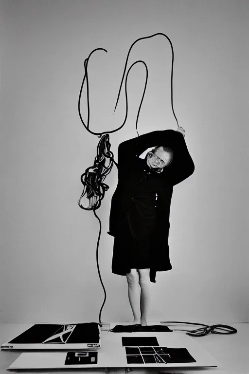 Image similar to a minimalist portrait of Marcel Duchamp holding computer cables in the style of Annie Leibovitz, Irving Penn, Hito Steyerl, Akira Kurosawa, Shinya Tsukamoto, line drawing and 35mm film, wide angle, monochrome, futuristic tetsuo