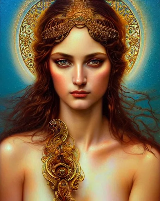 Prompt: portrait of the beautiful young aphrodite's goddess, unusual beauty, esoteric, other worldly colours, head in focus, fantasy art, ornamental, intricate, elegant, highly detailed hyperrealistic painting, artstation, concept art, painterly, golden ratio, sharp focus, illustration, art by karol bak