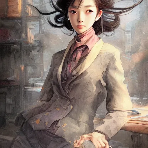 Image similar to dynamic composition, motion, ultra-detailed, incredibly detailed, a lot of details, amazing fine details and brush strokes, colorful and grayish palette, smooth, HD semirealistic anime CG concept art digital painting, watercolor oil painting of a young office lady, by a Chinese artist at ArtStation, by Huang Guangjian, Fenghua Zhong, Ruan Jia, Xin Jin and Wei Chang. Realistic artwork of a Chinese videogame, gradients, gentle an harmonic grayish colors.