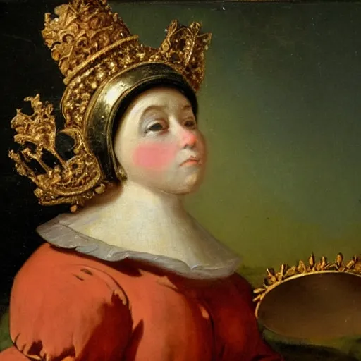 Image similar to a rabbit wearing a crown dressed as a queen, 18th century oil painting