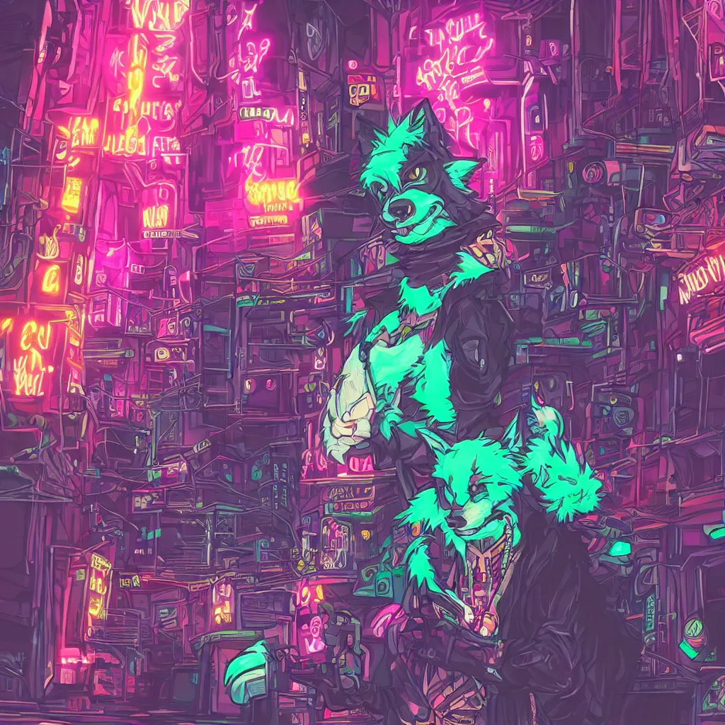 Prompt: beautiful furry art portrait commission of a androgynous furry anthro wolf fursona both wearing punk clothes in the streets of a cyberpunk city. neon signs.