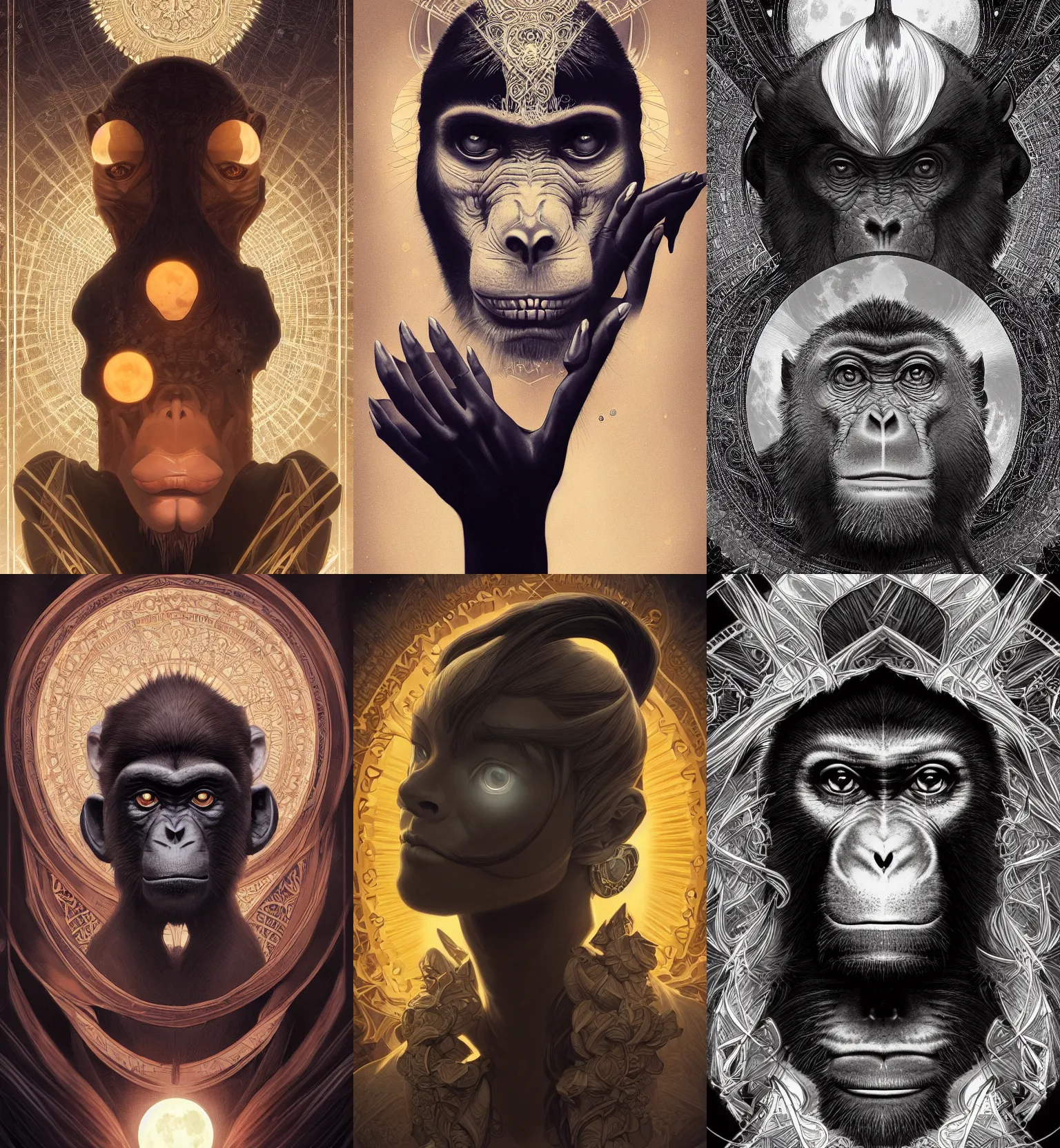 Prompt: symmetry!! portrait of monkey! black monolith and moon in background, intricate, elegant, highly detailed, digital painting, artstation, concept art, smooth, sharp focus, illustration, art by artgerm and ross tran and greg rutkowski and alphonse mucha, 8 k