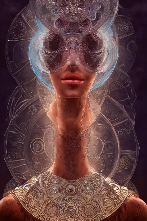 Prompt: a centered render of an ancient futuristic shaman with digital modifications surrounded by a underwater ink pour and flowing liquid gallium and complex sacred geometry, perfect body and face, powerful, cinematic, beautifully lit, by artgerm, by karol bak, 3 d, trending on artstation, octane render, 8 k