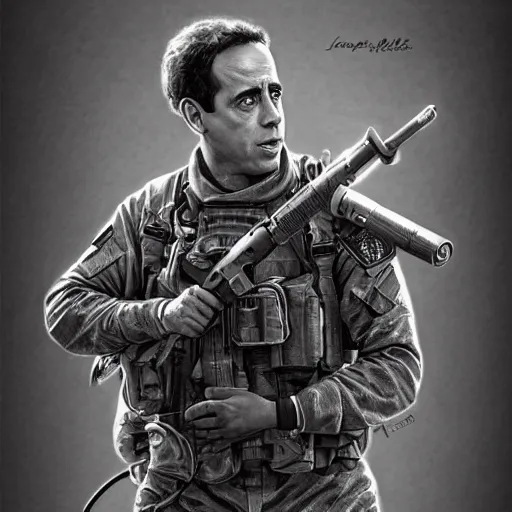 Image similar to Jerry Seinfeld as a navy SEAL, high resolution fantasy concept art, intricate details, soft lighting