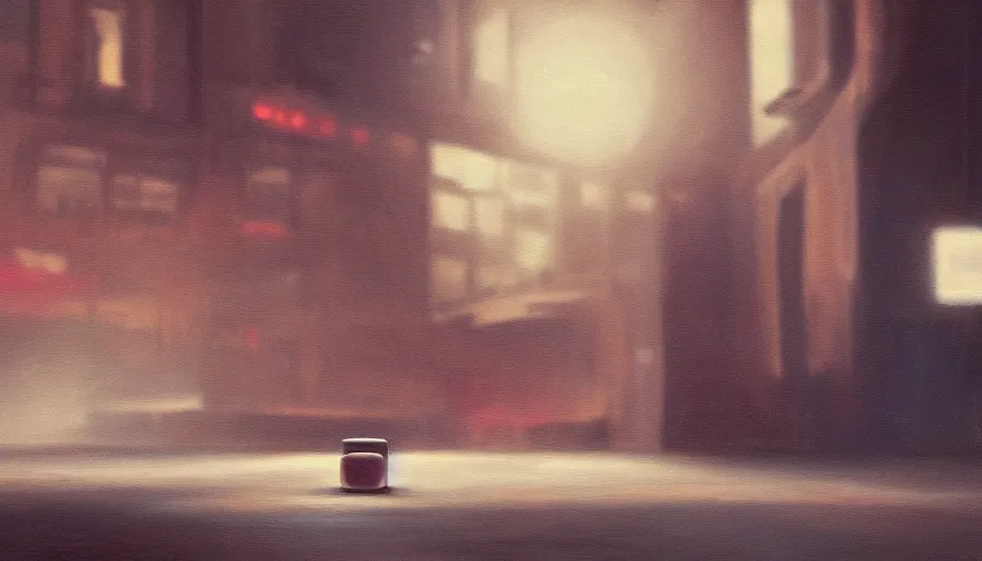 Prompt: an oil painting of an antibiotic pill running away from a pharmaceutical company representative, illustration, cinematic lighting, establishing shot