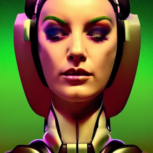 Prompt: celestial female robot, facial portrait, retro-futuristic, legendary epic shot, 90s make-up, galaxy space hunter, cyber implants, wires, low angle, dawn, by syd mead , airbrush, science fantasy, 90s ad, concept art, realistic matte painting, Smooth gradients, octane render, 8k, High contrast, duo tone, depth of field, volumetric lightning, very coherent, symmetrical, skin pore detail