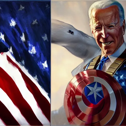 Image similar to hyperrealistic fbody concept art of Joe Biden as Captain America, oil on canvas, in the style of J.C. Leyendecker, Ross Tran and WLOP, 4k, smooth, sharp focus, extremelydetailed