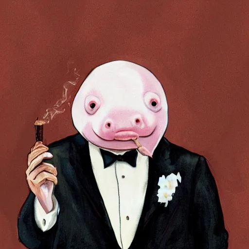 Prompt: a blobfish wearing a suit and smoking a big cigar, photorealistic,