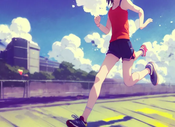 Image similar to cute runner girl, smoky sunny sky background stadium landscape illustration concept art anime key visual trending pixiv fanbox by wlop and greg rutkowski and makoto shinkai and studio ghibli and kyoto animation sports clothing marathon running shoes