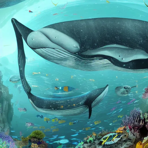 Image similar to future city pulled by whales, deep water, underwater ruins, schools of fish