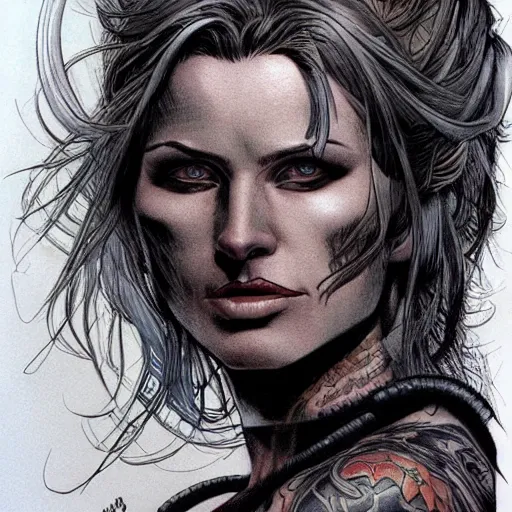 Prompt: a beautiful portrait of a tattooed older high class dystopian woman Travis Charest style