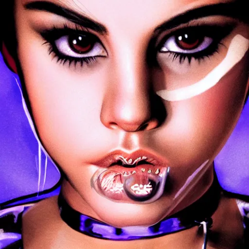 Image similar to A portrait of Selena Gomez as Catwoman, extreme close-up, dramatic lighting