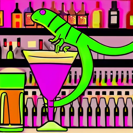 Prompt: digital art, gecko bartender pouring green cocktail in neon bar