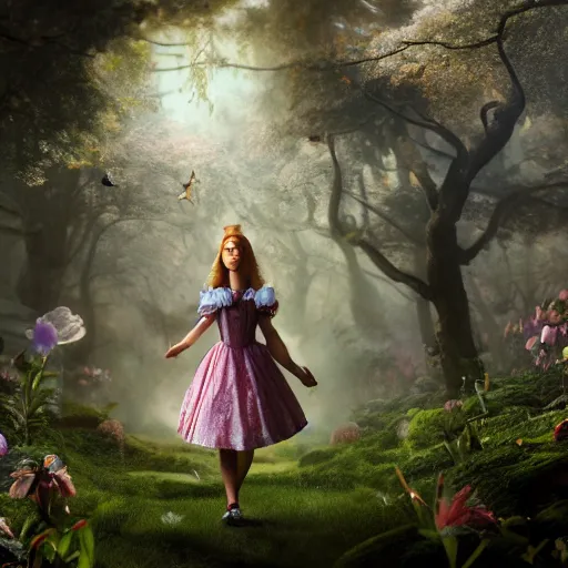 Image similar to full body pose, hyperrealistic photograph of alice in wonderland, dim volumetric lighting, 8 k, octane beautifully detailed render, extremely hyper detailed, intricate, epic composition, cinematic lighting, masterpiece, trending on artstation, very very detailed, stunning, hdr, smooth, sharp focus, high resolution, award, winning photo, dslr, 5 0 mm