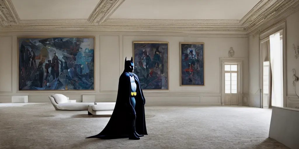 Image similar to Batman standing in giant Italian modern castle living room, clean minimalist design, that is 1300 feet tall, with very tall giant walls filled with modern art paintings, doors that are cosmic portals, photo by Annie Leibovitz