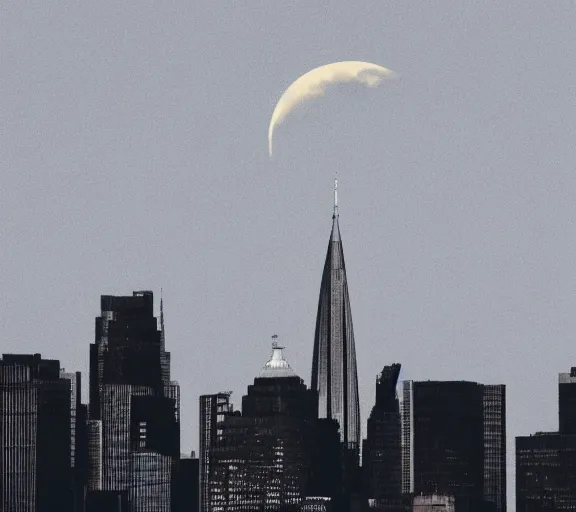 Image similar to a silhouette of a city skyline, giant moon behind city, centered, bleak, long shot, moon is centered