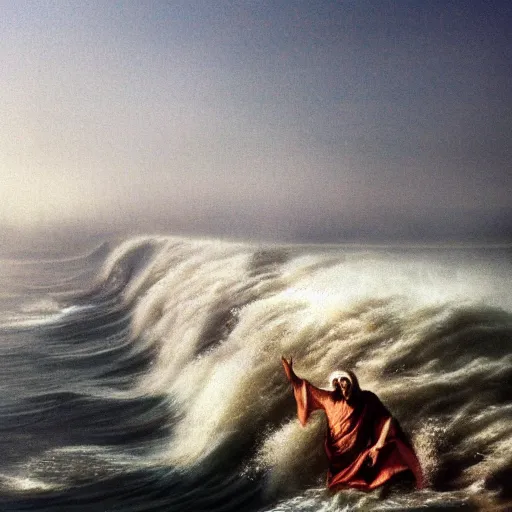 Prompt: a photo of moses with his arms wide, splitting the sea, big water walls creating a pathway to cross the sea, beautiful scenery, cinematic