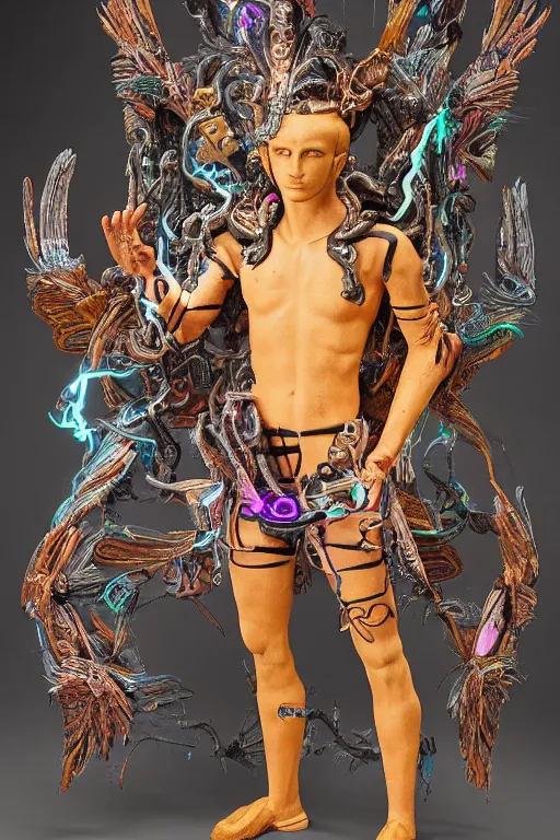 Prompt: full-body bladerunner style sculpture of a young handsome Colombian prince as a half cibernetic android with a chest opening exposing circuitry and electric sparks, glowing pink eyes, crown of blue flowers, flowing salmon-colored silk, fabric, raptors. baroque elements. full-length view. baroque element. intricate artwork by caravaggio. many many birds birds on background. Trending on artstation, octane render, cinematic lighting from the right, hyper realism, octane render, 8k, depth of field, 3D
