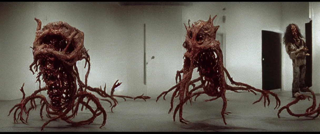 Image similar to filmic extreme full body wide shot movie still 4k UHD interior 35mm film color photograph of a detached snarling distorted deformed human head protruding out of a mutated abstract shape shifting tall chimera organism made of human internal organs with a variety of Malacostraca limbs in the style of a horror film The Thing 1982